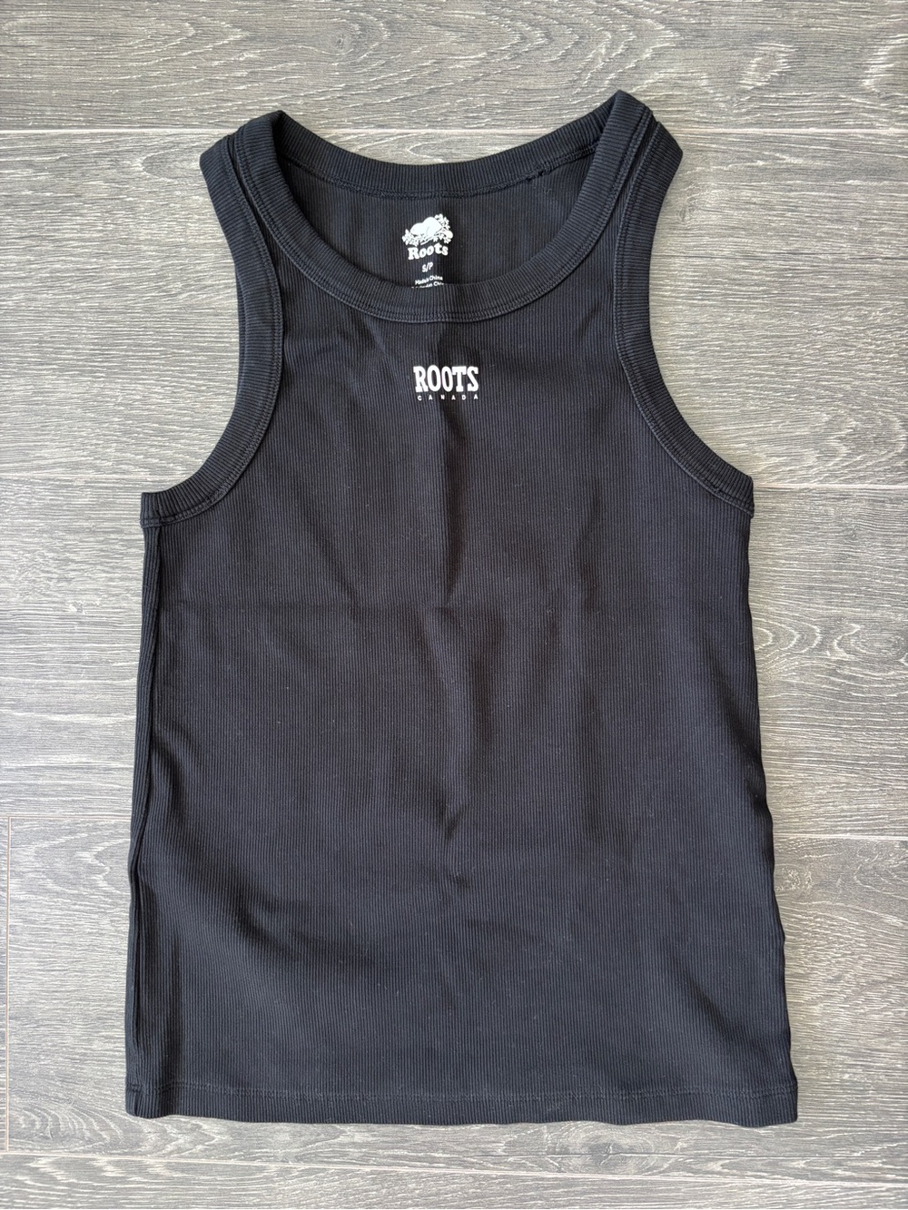 Roots Black Ribbed Tank Top with Chest Logo
